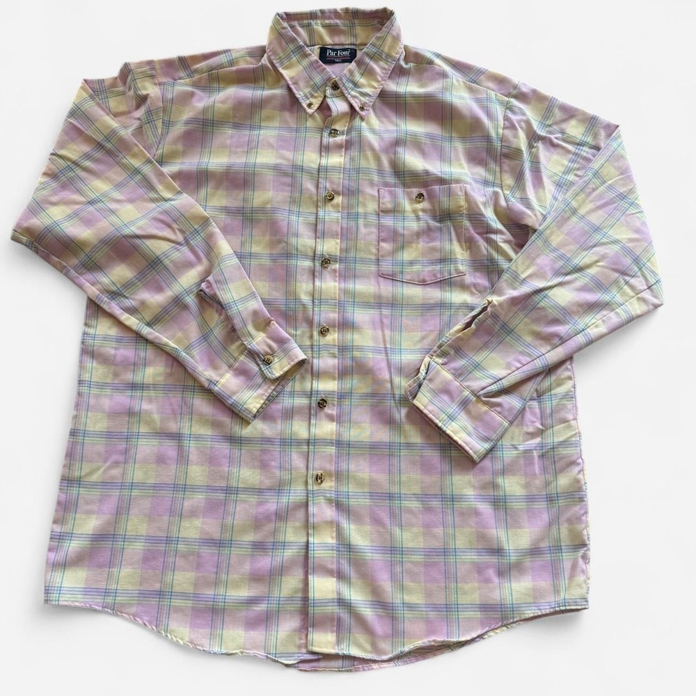 Vintage 90s Par Four pastel pink & yellow plaid button-down shirt, size XL Tall